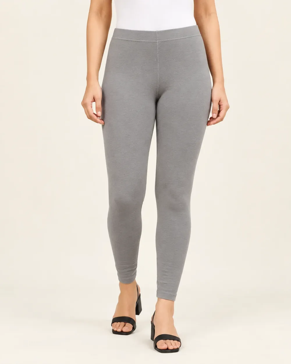 Sreeva grey ankle length cotton leggings, mid grey, front view
