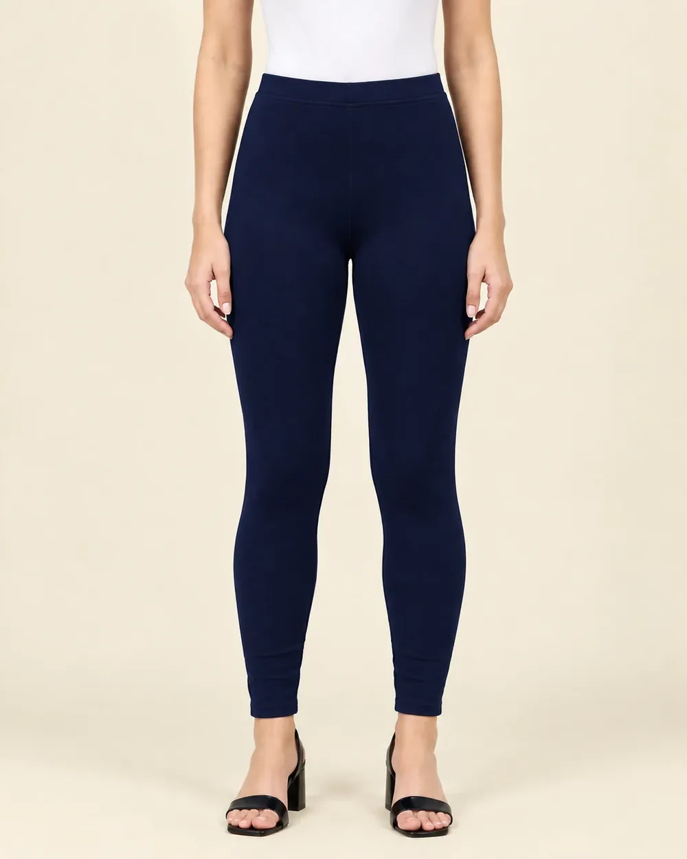 Sreeva navy blue ankle length cotton leggings, dark blue, front view