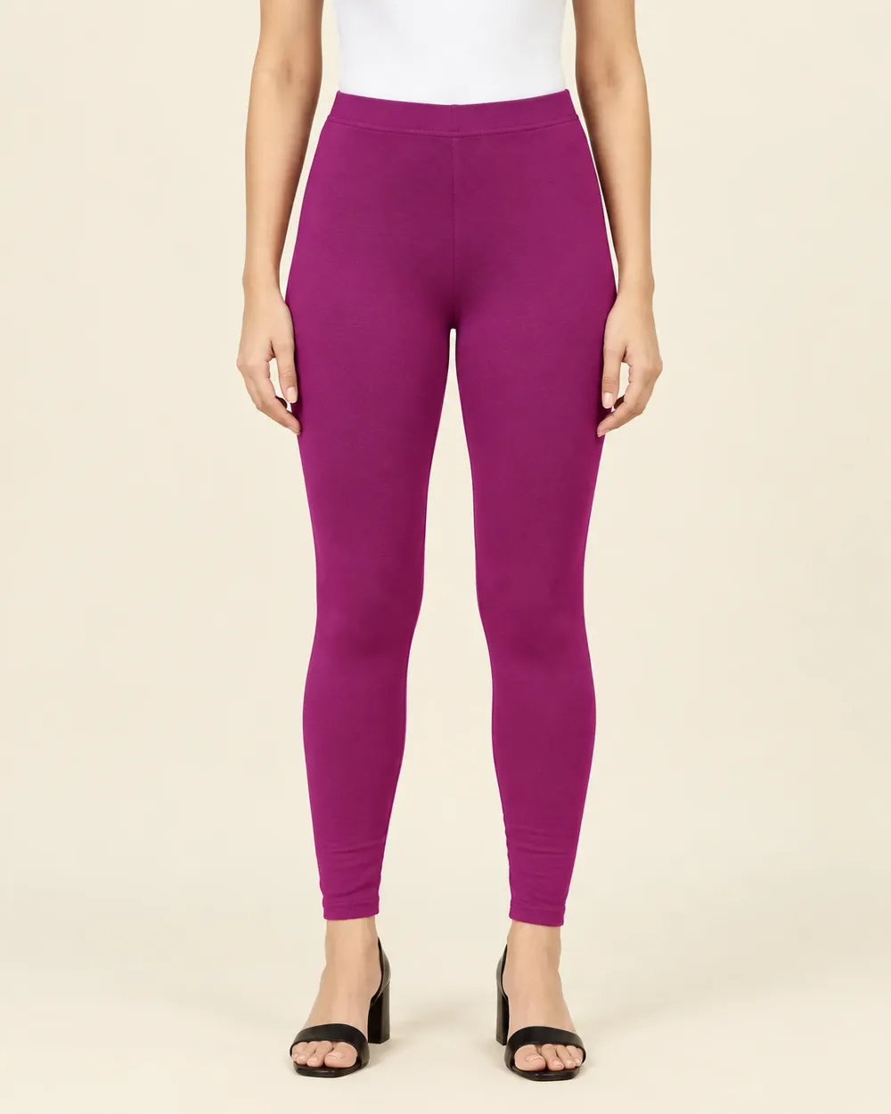Sreeva plum magenta ankle length cotton leggings, deep purple wine shade, front view