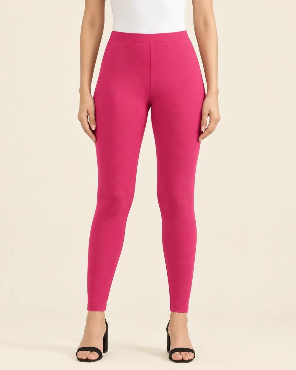 Sreeva rani pink ankle length cotton leggings, bright fuchsia pink, front view