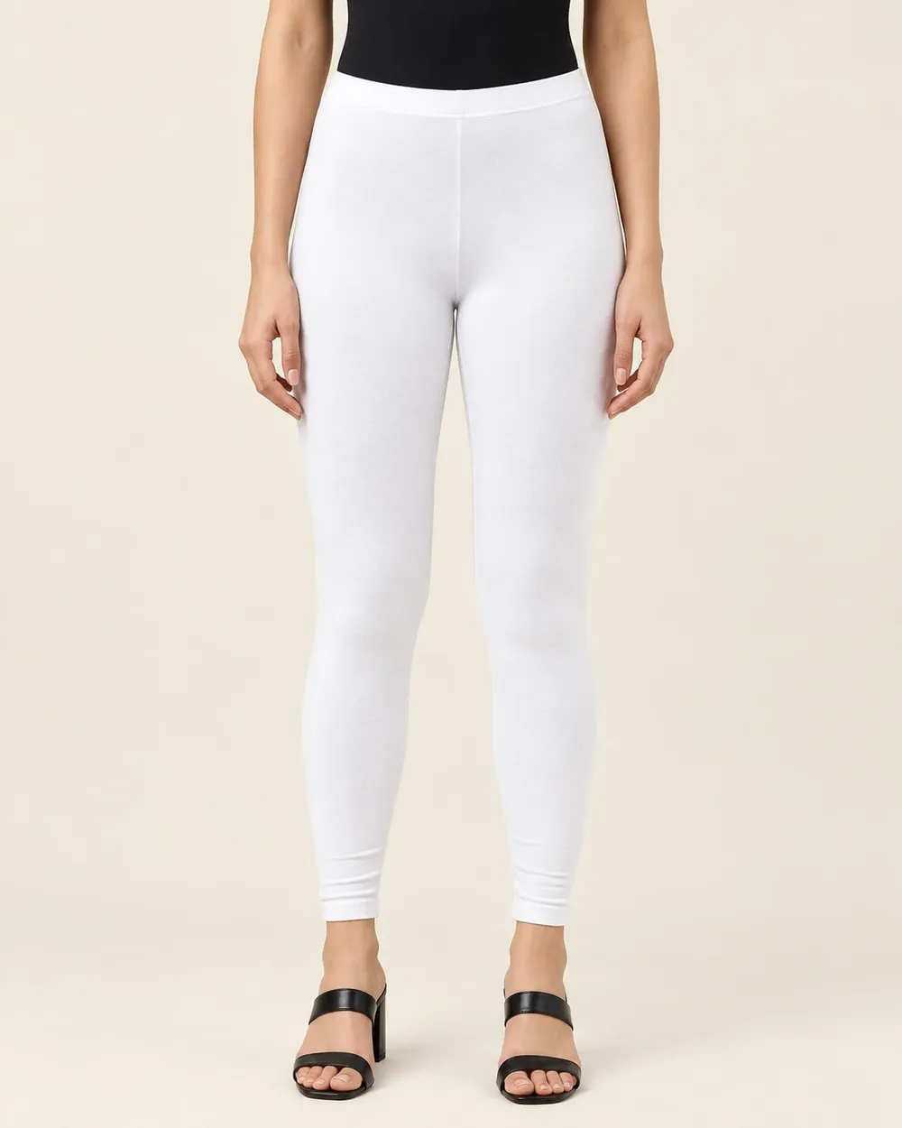 Sreeva white ankle length cotton leggings, plain solid white, front view
