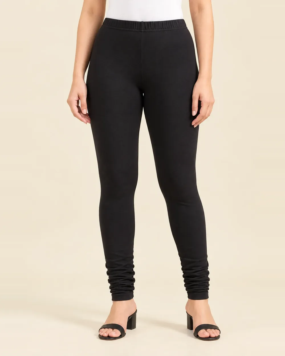 Sreeva black full length cotton leggings with churidar gathers, jet black, front view