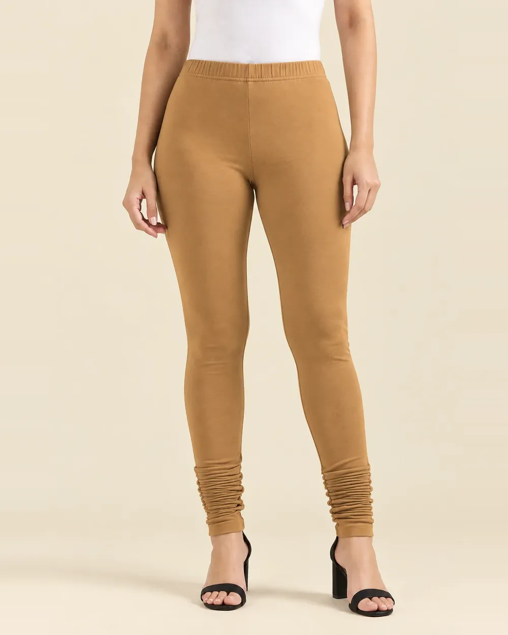 Sreeva caramel full length cotton leggings with churidar gathers, also called Glow Skin, front view