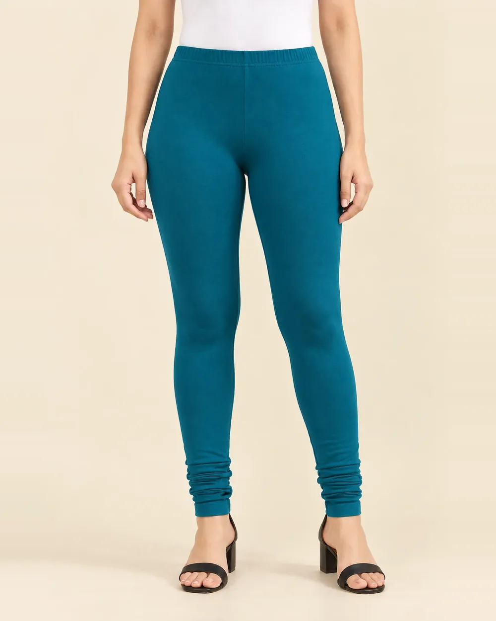 Sreeva petrol blue full length cotton leggings with churidar gathers, teal blue, front view