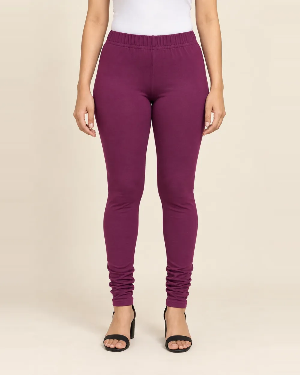 Sreeva plum magenta full length cotton leggings with churidar gathers, deep purple wine shade, front view