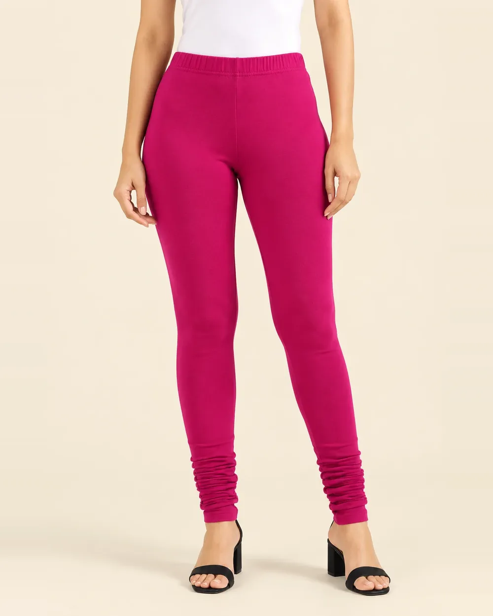 Sreeva rani pink full length cotton leggings with churidar gathers, bright fuchsia pink, front view