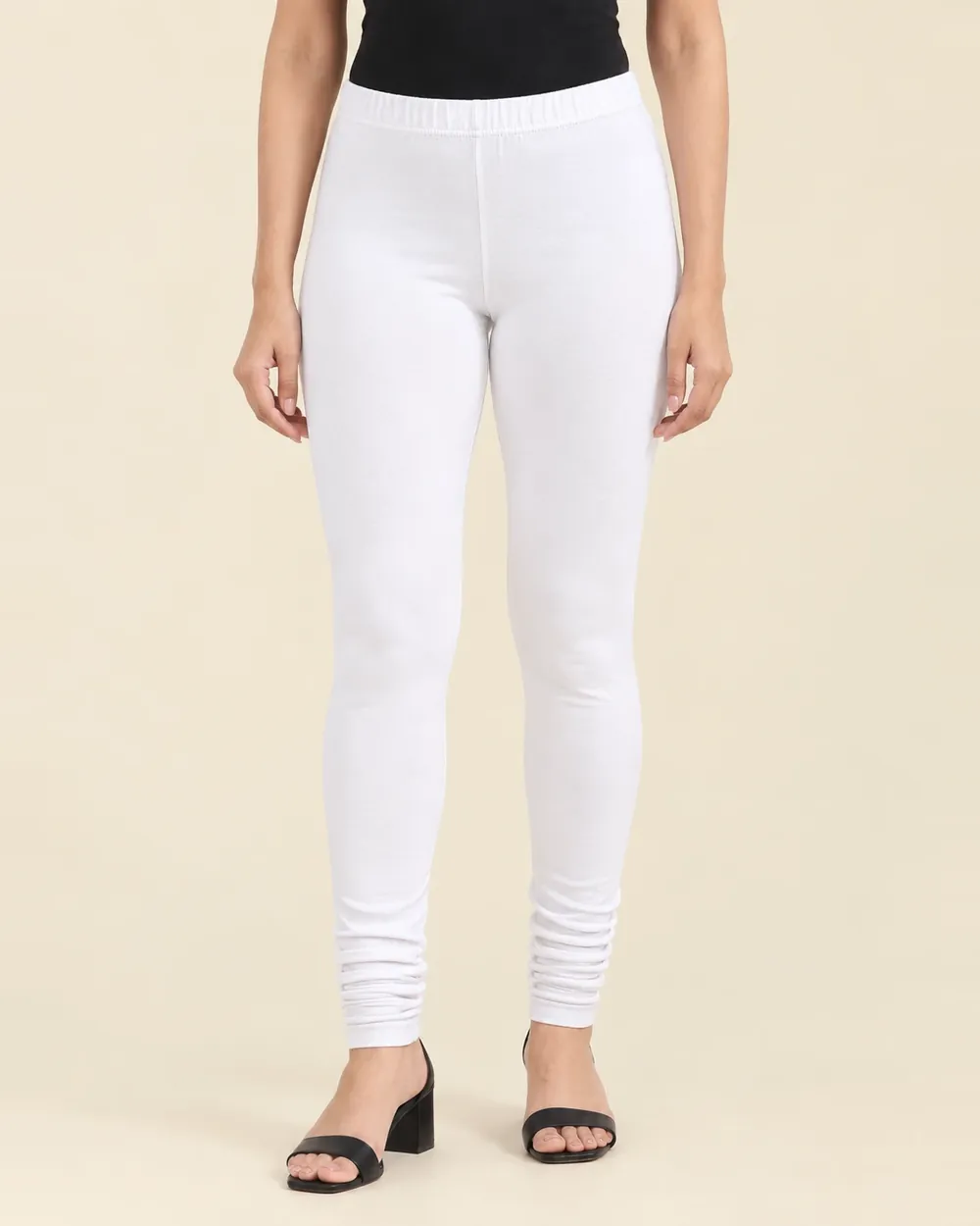 Sreeva white full length cotton leggings with churidar gathers, plain solid white, front view